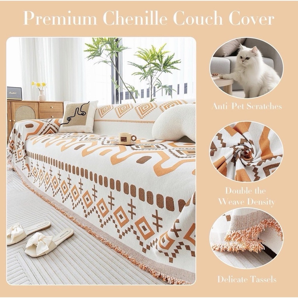 Boho Chenille Couch Covers Bohemia Sofa Pet Friendy SlipCovers Orange(71x102) - Picture 6 of 9